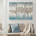 Luminous Hand Painted Heavy Textured Glitz Canvas 3 Piece Set - Blue