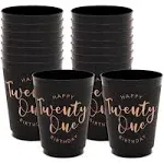 Sparkle and Bash Black and Gold 21st Birthday Party Cups, Reusable Plastic Tumblers (16 oz, 16 Pack)