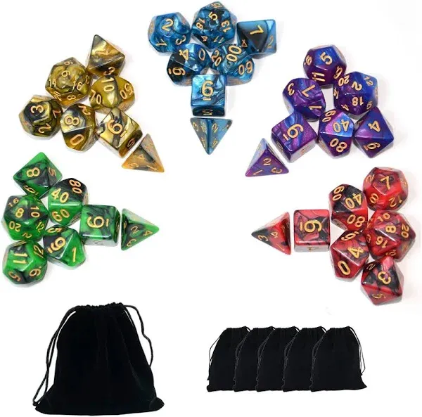 5 x 7-Die Double-Colors Polyhedral Dice Sets with Pouches for D&amp;D DND RPG Dun...