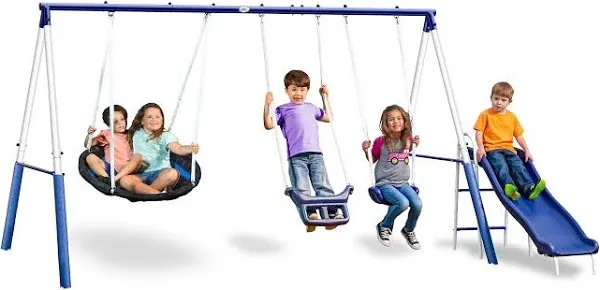 Swingin&#039; More Fun - Outdoor Backyard Playground Kids Swing Set. White/Blue