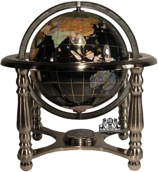 10” Tall Black Onix Ocean Table Top World Map Gemstone Globe 4-Leg Silver Stand