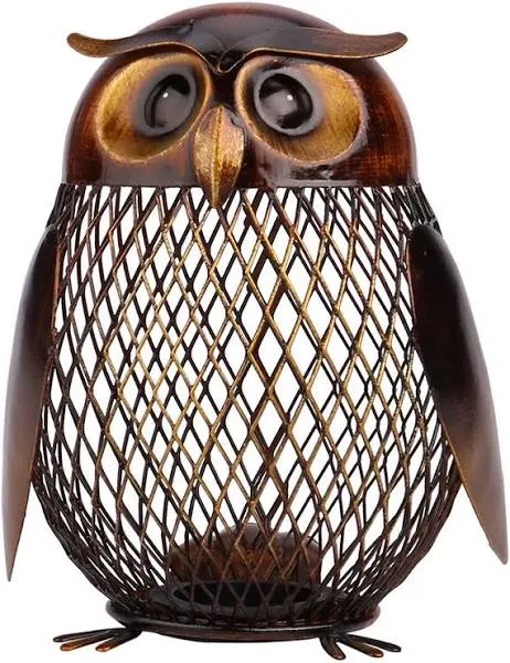 Tooarts Owl Shaped Metal Coin Bank Box Handwork Crafting Art