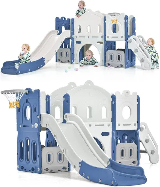 Merax 6-in-1 Kids Slide with Climber, Basketball Hoop, Tunnel and Storage Spa...