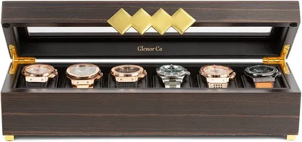 Wooden Watch Box for Men - 6 Slot - Modern Luxury Case with Gold Buckle &amp; Leg...