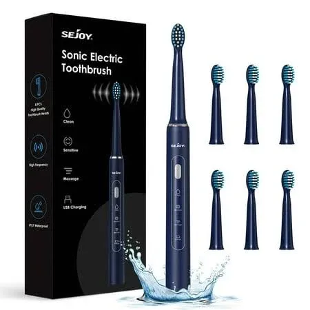 SEJOY Sonic Electric Toothbrush Rechargeable, 7 Replacement Brush Heads, 3 Modes