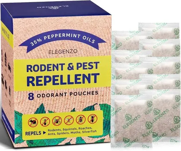 ELEGENZO Mouse Repellent Pouches with Peppermint Oil - Repels Mice, Rats, Squirrels, Roaches, Ants, Spiders, Moths