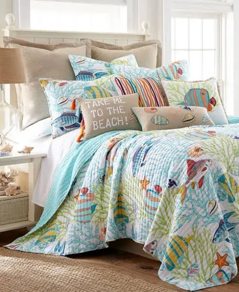  Beachwalk Quilt Set, Coastal, Reversible, 100% Cotton, Teal King