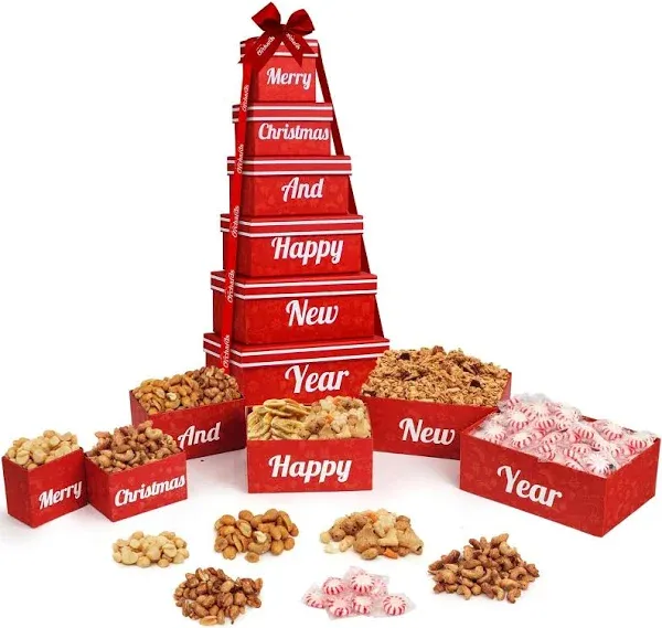 Merry Christmas and Happy New Year 6 Tier Indulgence Gift Basket Tower with Drie