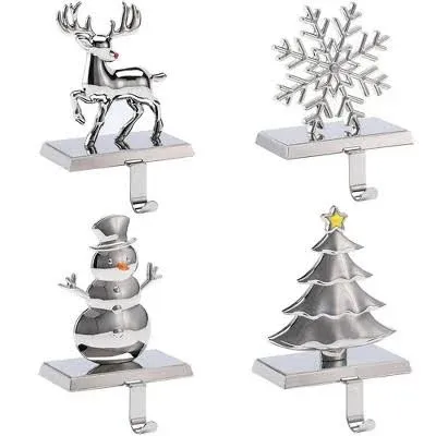 Christmas Stocking Holders for Mantel Set of 4 - Vintage Metal Standing Silver Stocking Hooks, Reindeer Snowflake Snowman and Pine Tree, Sturdy and Suitable for Fireplace Counter Window Decoration