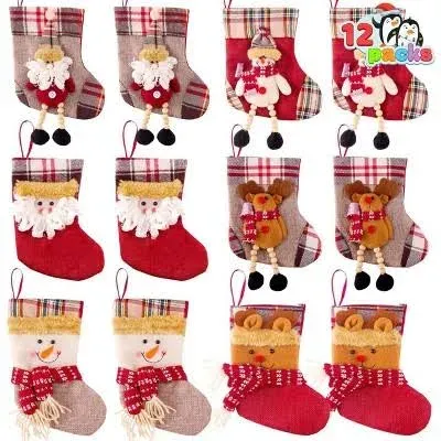  12 Pcs Mini Christmas Stockings 3D Bulk Xmas Stockings Santa Snowman Reindeer 