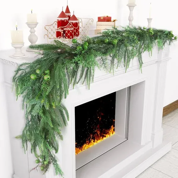 Norfolk Pine Garlands with Green Berry, 6Ft Artificial Soft Christmas Garland, Green Real Touch Greenery Garland for Table, Mantle, Stairs Railing, Indoor/Outdoor Christmas Decorations.