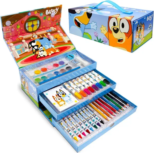 Bluey Kids Coloring Set, Travel Art Set, 140+ Pieces in Case - Art Kit for Kids (Blue 3 Tier)