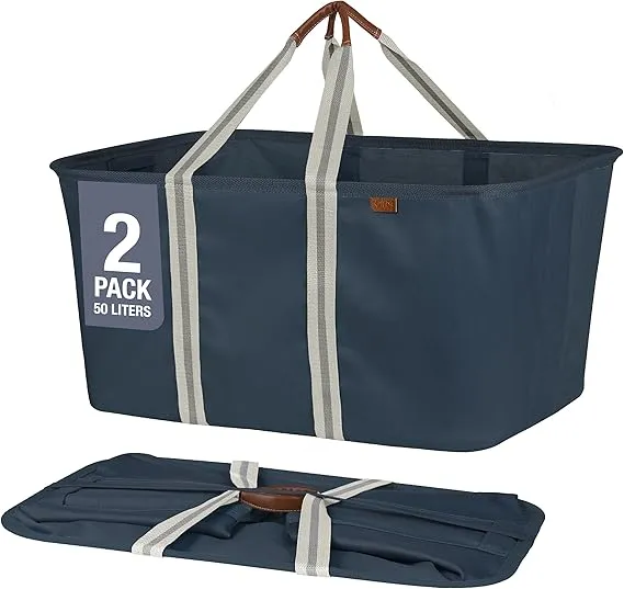 CleverMade Collapsible Laundry Tote LUXE, Navy Noir/Cream 2PK - 50L (13 Gal) Collapsible Laundry Baskets with Sturdy Pop-Up Wire Frame and Long Carry Handles - Space-Saving Collapsible Hamper