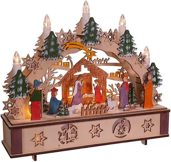 Kurt Adler 11" Battery-Operated Light-Up Wooden Nativity Scene with Candles