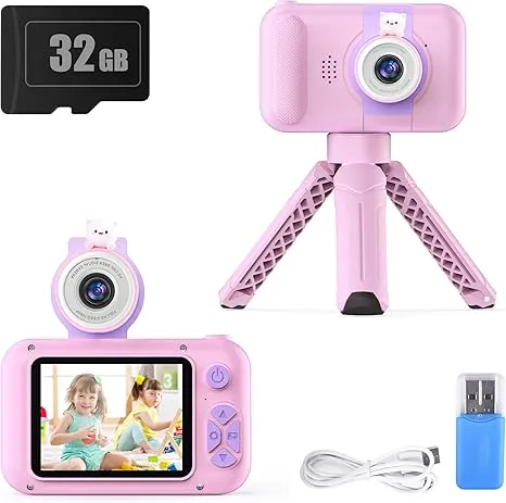 Kids Camera With Flipup Lens For Selfie &amp; Video Hd Digital Camera With 32gb Sd C