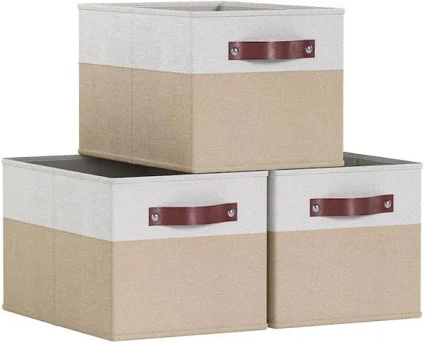 Ornavo Home 3 Pack Collapsible Shelf Basket Rectangle Storage Bins with Faux Leather Handles