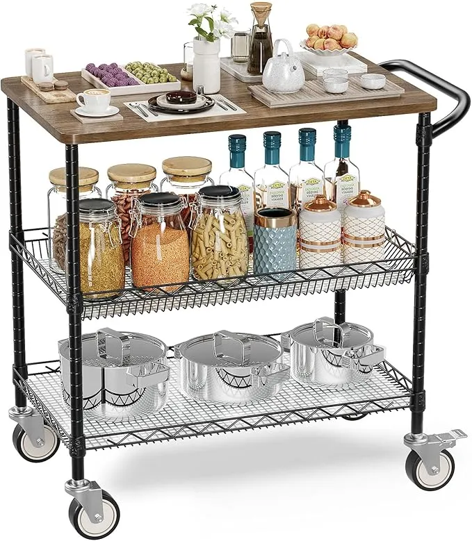 Leteuke 3 Tier Rolling Carts with Wheels, Heavy Duty Rolling Utility Cart with Wood Tabletop, NSF Commercial Grade Metal Cart with Handle and Shelf