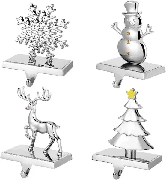 Christmas Stocking Holders for Mantel Set of 4 Reindeer Snowflake Snowman Pine Tree Vintage Metal Standing Stocking Hook Silver Sturdy Stockings Hanger for Fireplace Counter Window Decoration