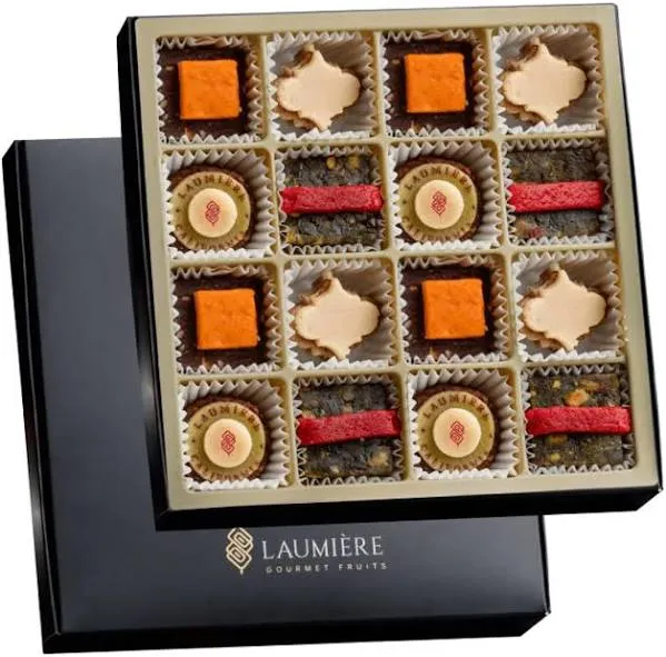 Le Cadeau Parfait Collection - Square Gourmet Gift Box (16 Treats) - Laumière Gourmet Fruits - Vegan Healthy Dried Fruits & Nuts Gift Basket - No Added Cane Sugar Sweets