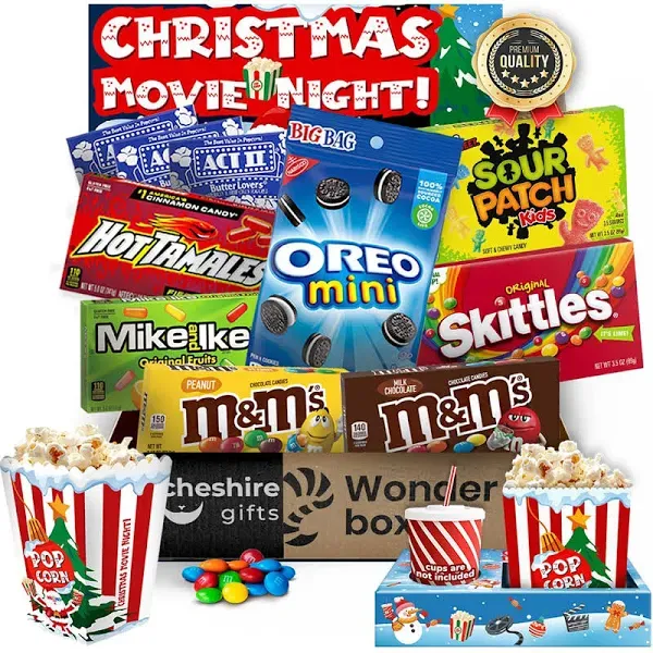 Christmas Movie Night Gift Baskets - Popcorn Gift Sets For Christmas With Movie Night Trays & Christmas Snacks - Family Christmas Gifts & Holiday Gift Baskets By Cheshire Gifts