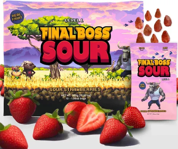 Final Boss Extremely Super Sour Candy, Natural Chewy Strawberry Gummies Made with Dried Fruit, Free of Artificial Colors, Low Calorie Healthy Snack for Kids & Adults, 1.06oz, 10 Pack (LvL 2 Sourness)