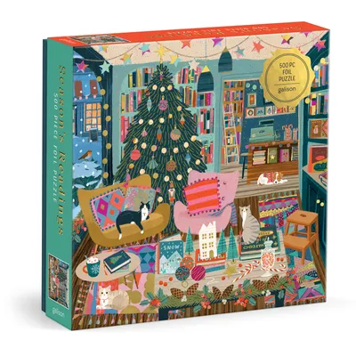 Galison Season's Reading – 500 Piece Foil Jigsaw Puzzle Featuring Beautiful Artwork of A Cozy Christmas Bookshop Scene with Gold Foil Accents