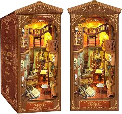 CRIOLPO Book Nook Kit, DIY Dollhouse Booknook, Book Nook Miniature Kit for Bookshelf Insert Decor Crafts for Adults Teens, 3D Wooden Puzzle Bookends with Sensor Led Light (Magic Book House)