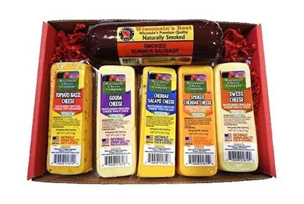 Wisconsin's Best & Wisconsin Cheese Company - Specialty Cheese & Sausage Gift Basket. 100% Wisconsin Cheese, Gouda, Swiss, Smoked Cheddar, Salami Cheddar & Tomato Basil. Holiday Christmas Food Gift Box