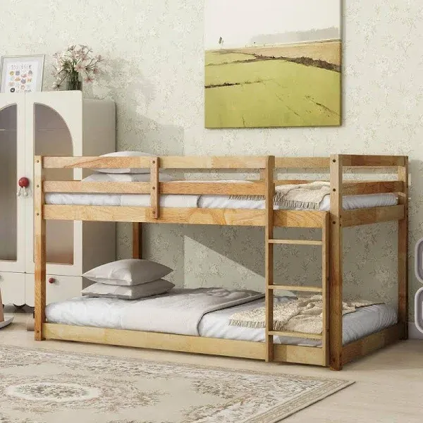 Natural Twin Over Twin Floor Bunk Bed with Ladder