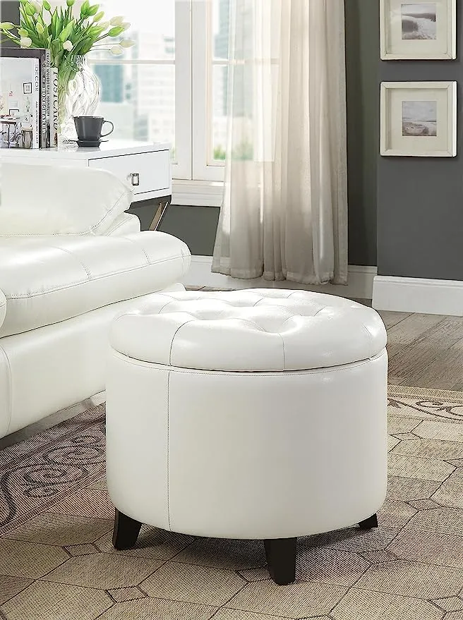 Convenience Concepts Designs4Comfort Round Storage Ottoman 19.75" - Versatile Contemporary Foot Stool for Living Room, Office, Ivory Faux Leather