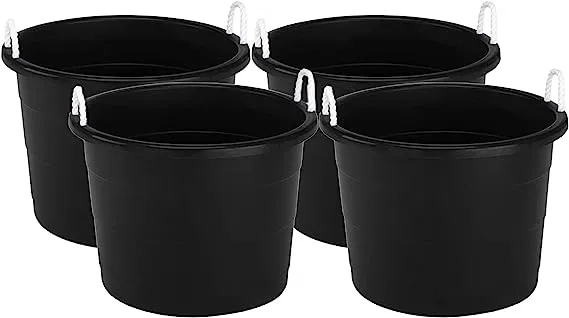 Homz 0417BKDC Plastic 17 Gallon Utility Storage Container Bucket Tub with Rope Handle, Black, Set of 4 Buckets