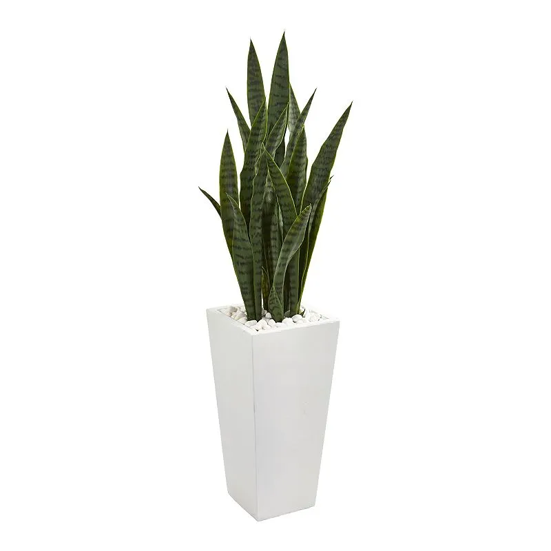 Nearly Natural 4’ Sansevieria Artificial White Tower Planter Silk Plants Green