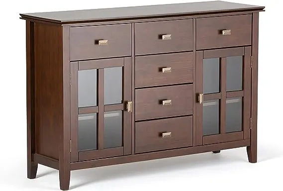 SIMPLIHOME Artisan Solid Pine Wood 54 inch Contemporary Sideboard Buffet Credenza in Russet Brown features 2 Doors, 6 Drawers and 2 Cabinets with Large storage spaces