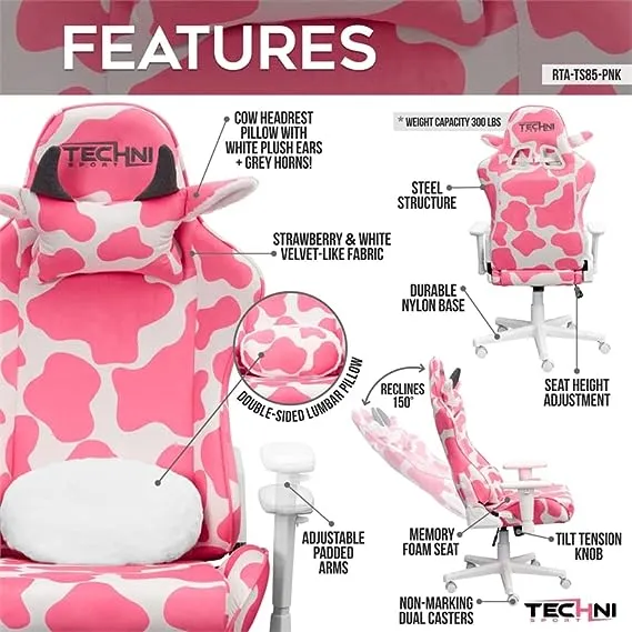 TS85 Pink COW Series Gaming Chair with Adjustable Arms