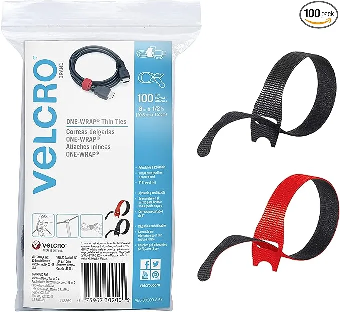 VELCRO Brand Cable Ties, 100Pk - 8 x 1/2" Red and Black, Reusable Alternative to Zip Ties, ONE-WRAP Thin Pre-Cut Cord Organization Straps, Wire Management for Office or Home, VEL-30200-AMS, Black/Red