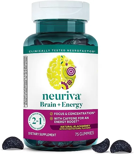 NEURIVA Brain + Energy Gummies, Nootropic Brain Supplements for Focus and Concentration with Neurofactor, Vitamin B12 & Caffeine for an Energy Boost*, 75ct Natural BlackBerry