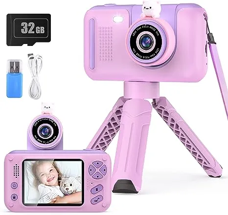 PURULU Kids Camera with Flip-up Lens for Selfie, HD Digital Camera for Kids 3 4 5 6 7 8 Year Old Girls Birthday Gifts with 32GB SD Card Included, Pink