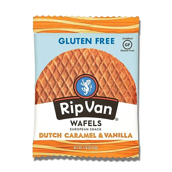 Rip Van Wafels Gluten-Free Stroopwafel - Dutch Caramel & Vanilla Stroopwafels - Healthy Gluten-Free Snacks - Non-GMO Snacks - Low Sugar (6g) - Low Calorie Snack - 12 Count