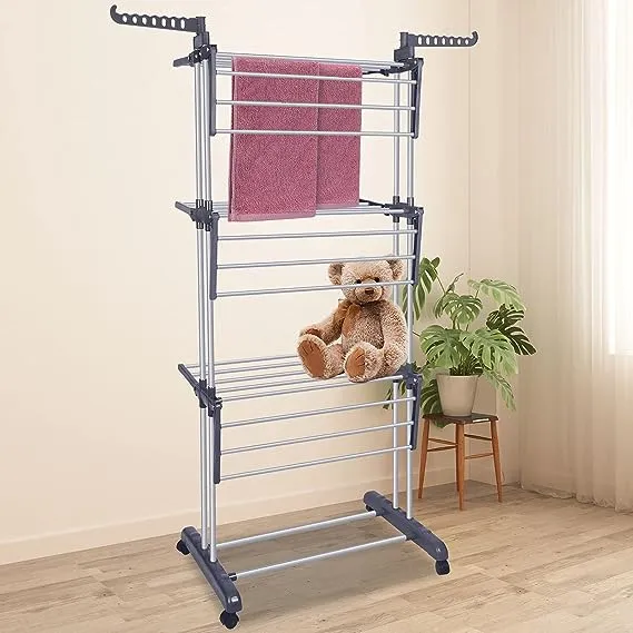 Bigzzia Clothes Drying Rack Folding Clothes Rail 4 Tier Clothes Horses Rack Stainless Steel Laundry Garment Dryer Stand with Two Side Wings Grey