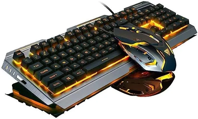 Iron Orange Yellow Gaming Keyboard Mouse Combo,104 Full Size Metallic Backlit Keyboard,LED Keyboard Color Change Lighted Keyboard,PC Computer USB Keyboard, Gamer Keyboard,for Prime Xbox One PS4 Gamer