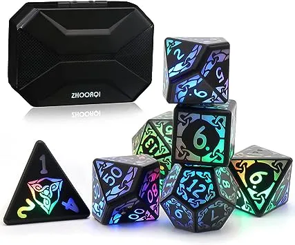 LED Dice Set of 7, DND Dice Rechargeable with Charging Box, Shake to Light Up Colorful Dice, ZHOORQI Dungeon and Dragons Dice USB Port Charging,