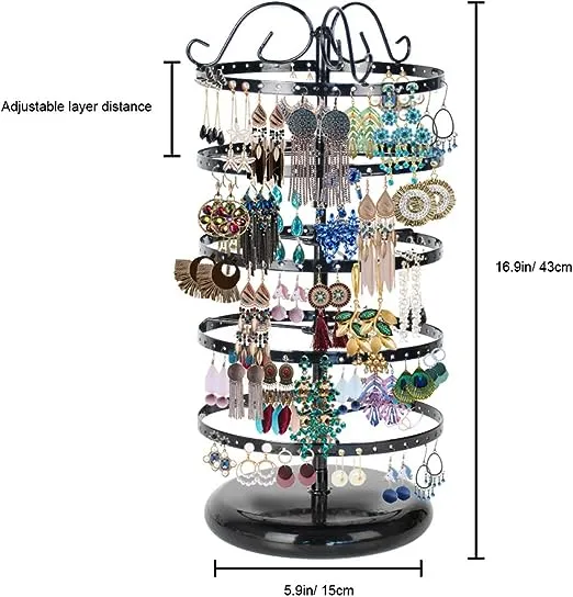 MODOWEY 5 Tiers Metal Rotating Earring Holder Organizer, Exquisite Jewelry Display Stand Necklace Rack Holder, 220 Holes for Earrings- 14x6.3 Inch (Black)