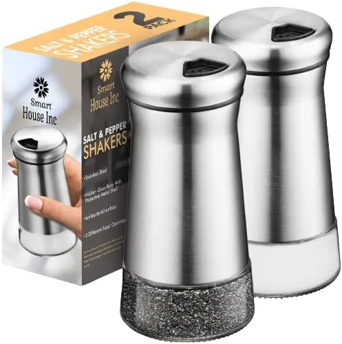 The Original Salt and Pepper Shakers set - Spice Dispenser with Adjustable Pour Holes - Stainless Steel & Glass - Set of 2 Bottles