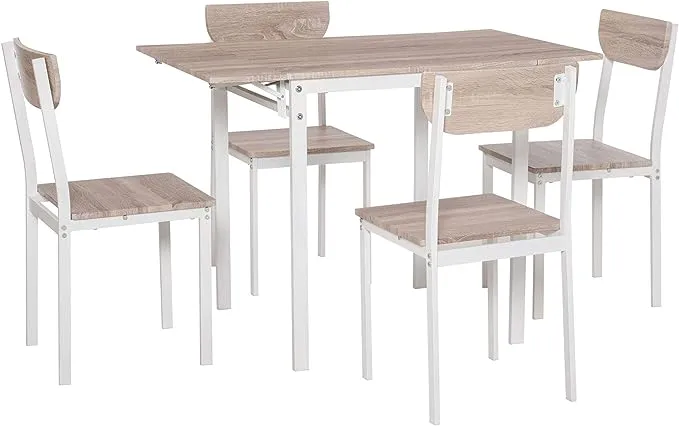 HomCom Modern 5-Piece Dining Table Set for 4 with Foldable Drop Leaf, 4 Chairs, and Metal Frame for Small Spaces, White