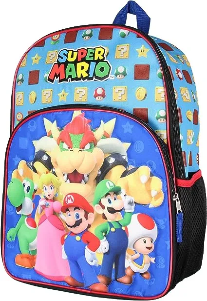 SUPER MARIO Backpack Bowser Luigi Princess Peach Yoshi 16" Kids Bag School Travel Backpack With Quilted Front Design