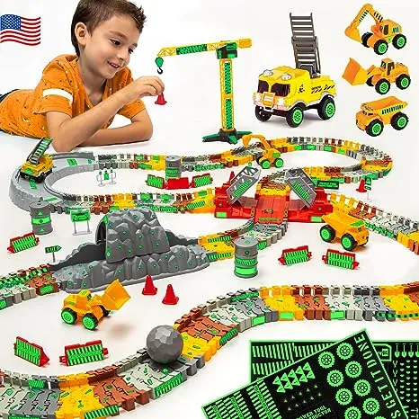 JITTERYGIT Construction Race Track Site Toy - Including Sandbox Vehicles, Trucks, Excavator, Bulldozer, Dump Truck, Crane - Birthday Gift for Kids, Boys, Girls, Toddlers for Ages 3 4 5 6 7 8 Year Old