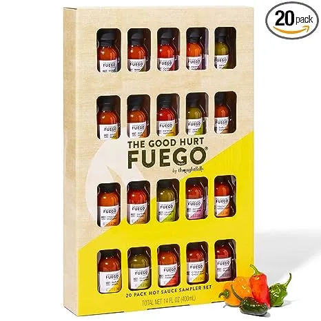 The Good Hurt Fuego by Thoughtfully, Hot Sauce Gift Set, Flavors Include Garlic Herb, Bacon Cayenne, Extreme Habanero, 3 Unique Ghost Pepper Hot Sauces and More, Set of 20