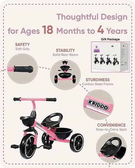 KRIDDO Kids Tricycles Age 24 Month to 4 Years, Trike for 2.5 to 5 Year Old, Gift Tricycles for 2-4 Year Olds, Trikes for Toddlers, Black