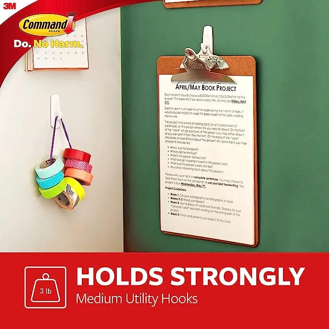 Command Medium Utility Hooks, White, Damage Free Christmas Organizing, 20 Hooks