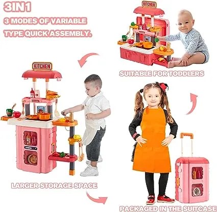 Kitchen Playset, 3 in 1 Kitchen Pretend Play Toys Travel Suitcase, 49 PCS Realistic Cooking Accessories, Sounds, Lightnd, Running Water, Great Kitchen Toys for Toddlers KidsKitchen Playset, 3 in 1 Kitchen Pretend Play Toys Travel Suitcase, 49 PCS Realist